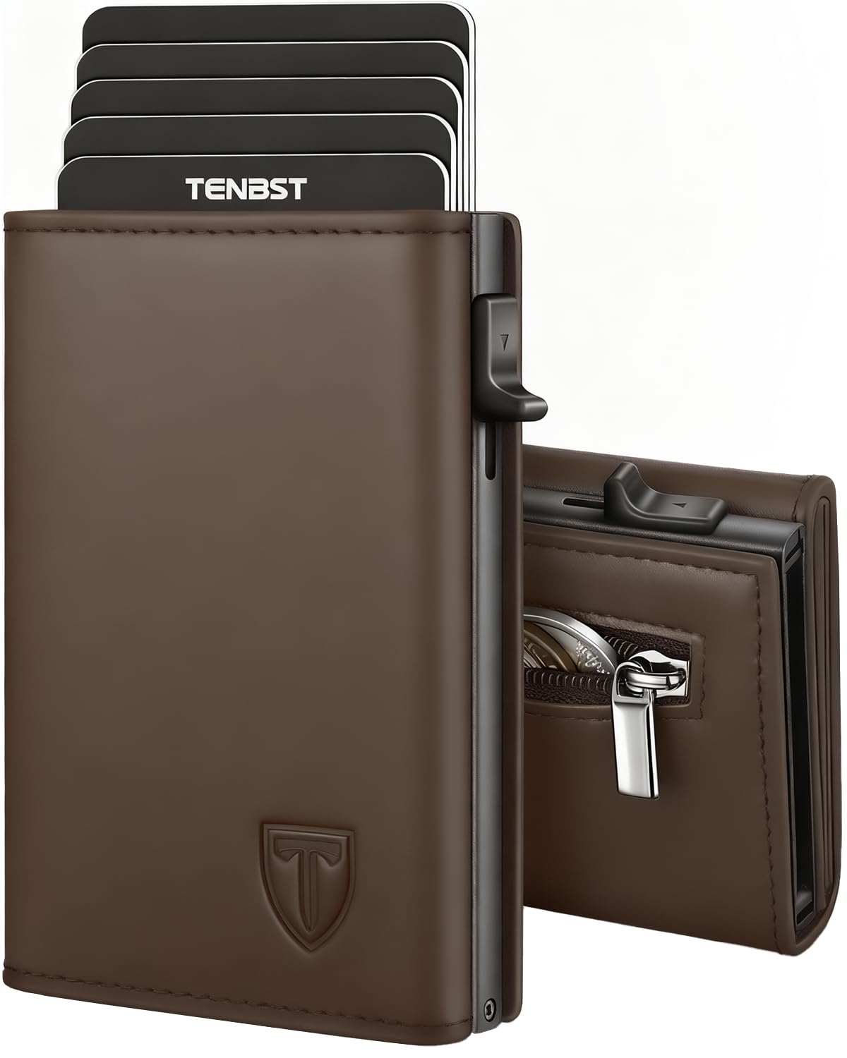 TENBST Portefeuille Homme - Ultra-Mince Porte Monnaie Homme avec Porte-Monnaie & Protection RFID, Haute qualité Porte Carte, étui à Cartes de Luxe pour 10 Cartes de crédit (Cuir Véritable & Marron)