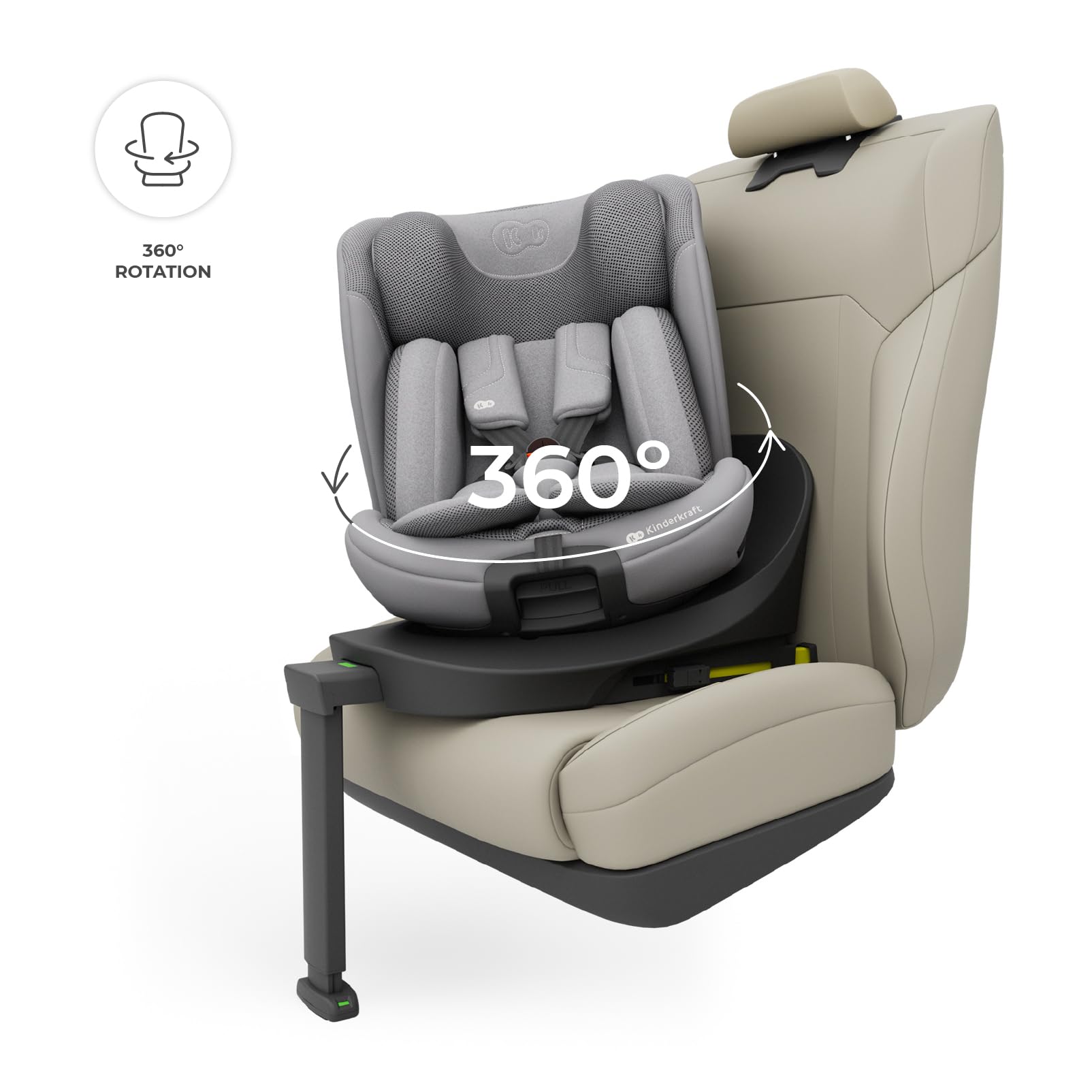Kinderkraft I-360 2 PRO, fotelik samochodowy i-Size 40–150 cm, obracany 360°, ISOFIX, tyłem i przodem, H-GUARD+, SPS+, EASY SPIN PRO, EASY GROW, od narodzin do 12 lat, Szary