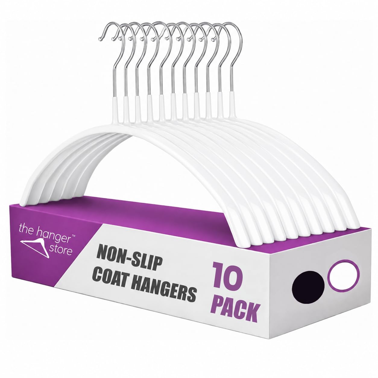 The Hanger Store - Non Slip White Coat Hangers for Clothes, 10 Pack White | Crescent Clothes Hangers - No More Bumps, Metal Hangers for Jumpers, Knitwear, Sweaters, Shirts & Tops, Anti-Rust Chrome Hook