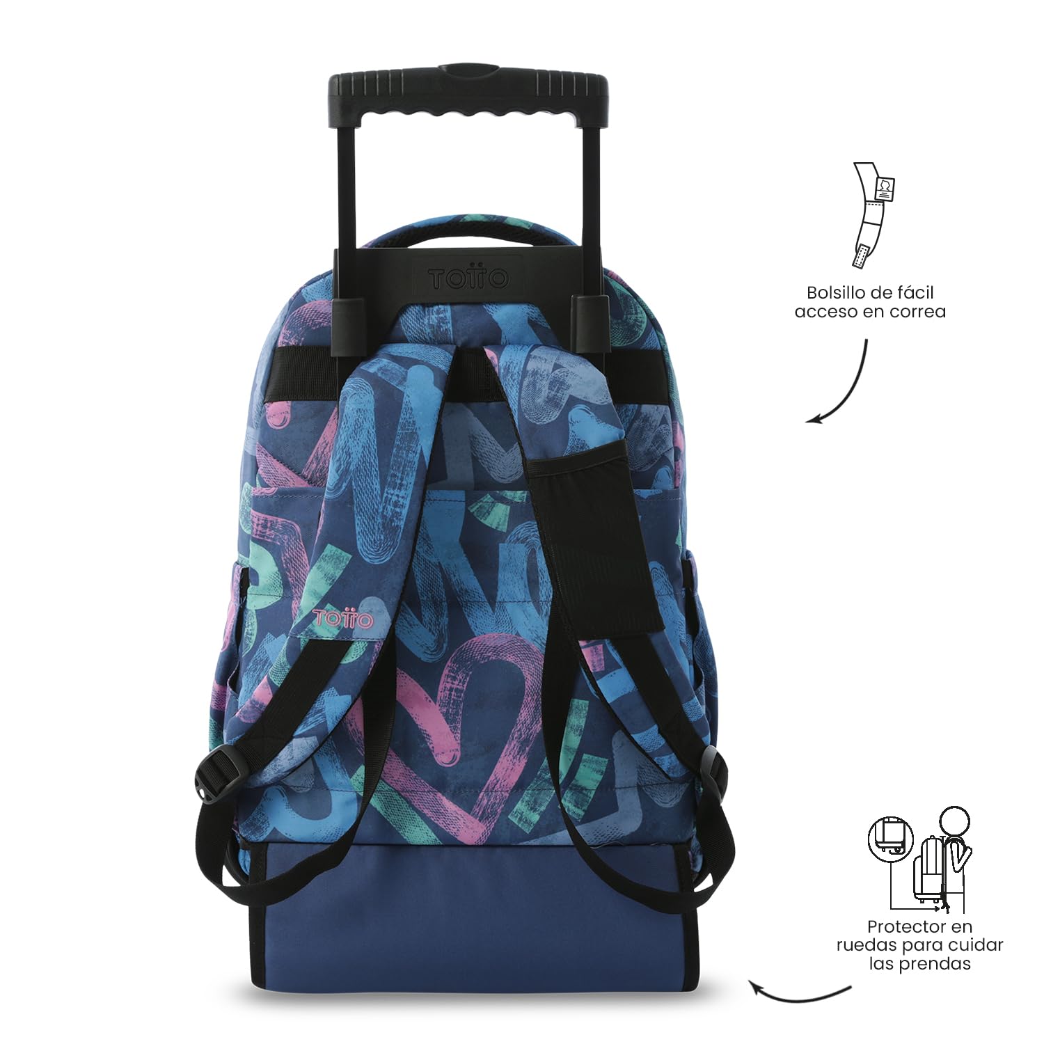 TOTTO - Mochila Escolar con Ruedas, Modelo Renglones, Capacidad 26,21 Litros, Bolsillo para PC 14", Bolsillo Botella, Correas en S para Mayor Comodidad, Resistente, Estampado Roomin Azul