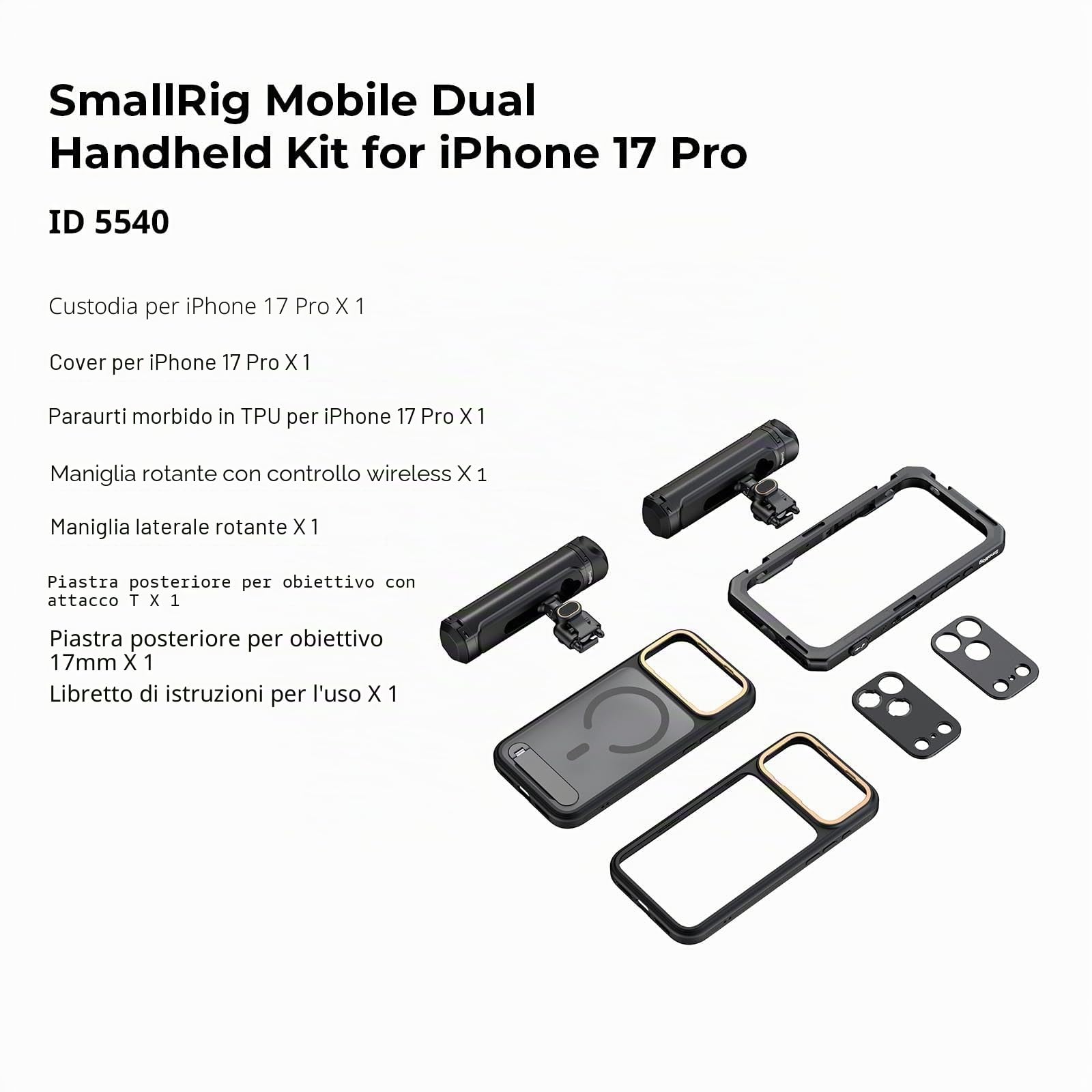 SMALLRIG Kit per doppia gabbia video per iPhone 17 Pro, supporto per telefono con maniglia laterale a sgancio rapido wireless, attacco a T da 17 mm e piastra posteriore per obiettivo - 5540
