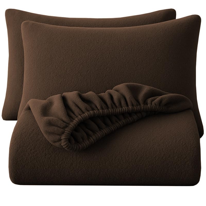 BSB HOME Warm & Hot Elastic Fitted Bedsheet with 2 Pillow Covers for Winter – Ultra Soft Polar Fleece Cozy & Wrinklefree Size - 78x72+10 Inches, Pattren- Solid, Colour- Coffee