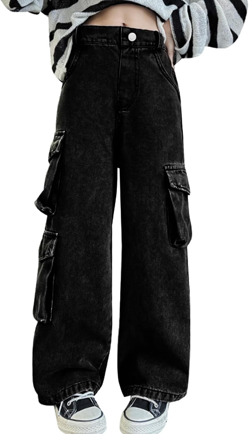 AOWKULAE Girls Jeans Elastic Waist Wide Leg Pants Kids Jeans 4-14 Years