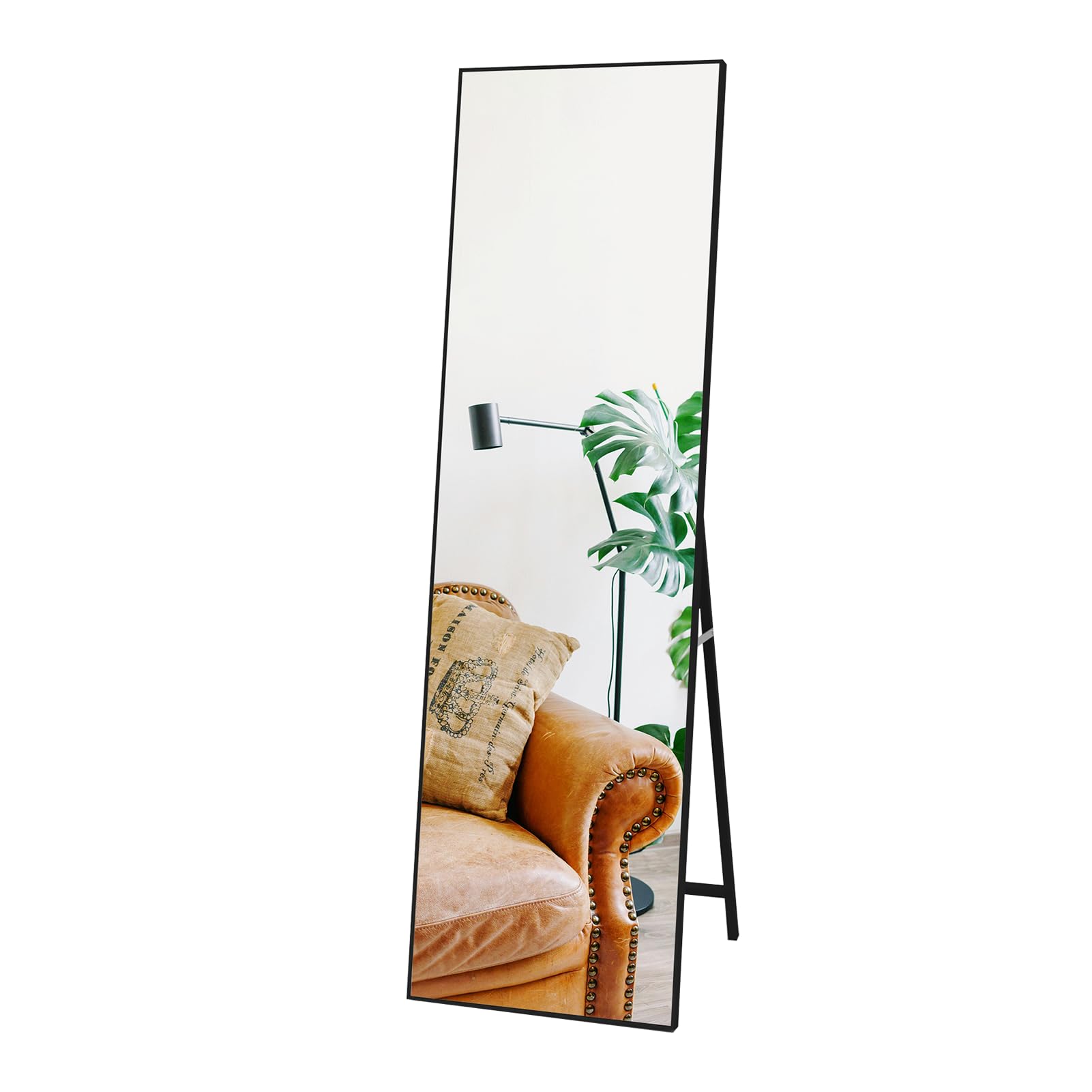 Hoikwo Negro Espejo de Pie Cuerpo Entero 140x41cm, Espejo Pared con Soporte para Colocar de Pie o Colgado en Recibidores, Dormitorios, Salones, Vestidores