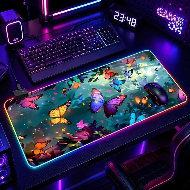 Colorful Butterflies Extra Large Gaming Desk Mat Keyboard Pad RGB Mouse Pad Ultra Thick Non-Slip Large Size RGB Gaming Desk Setup for PC/Laptop - 14 Lighting Modes Touch Control Keyboard and Mouse image 2