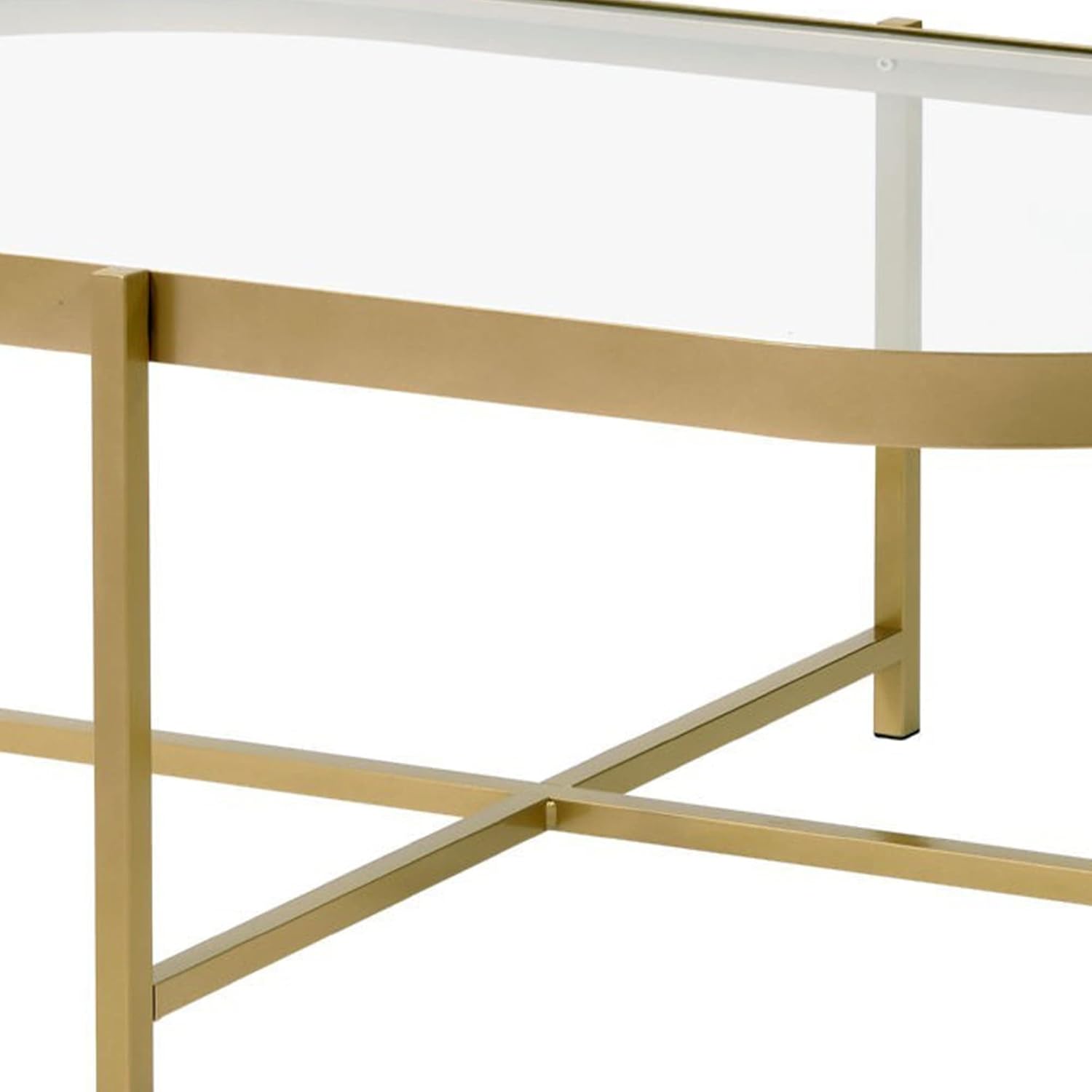 Benjara Coffee Table with Oblong Glass Top and Metal Frame, Gold