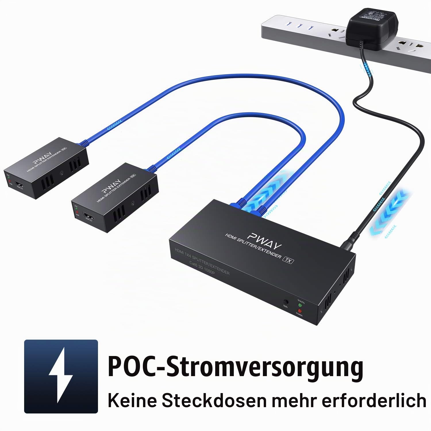 PW-HTS0102（POC） 1X2 Port HDMI Splitter Extender/Verteiler Ultra HD 1080P Ohne Verzögerung 50m über CAT6 Kable Unterstützt EDID（1 In 2 Out）
