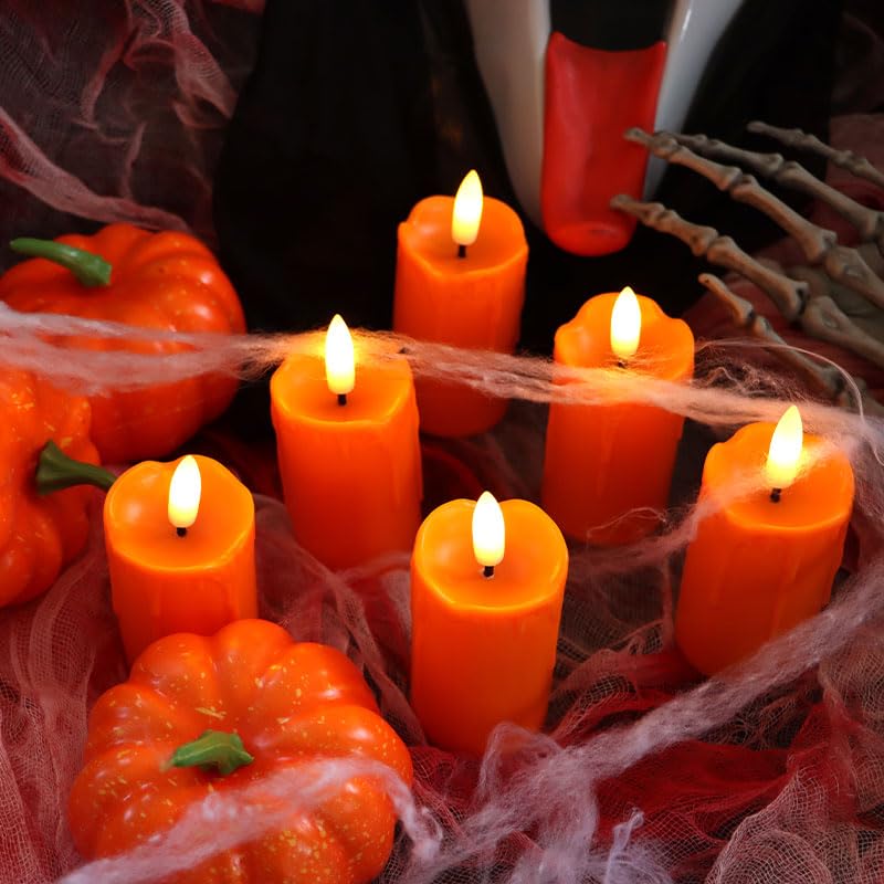 Image of CANDLE CHOICE Battery Operated Flameless Votives with Auto Daily Cycle Timer Long Lasting Realistic Black Wick Electric LED Candles Wedding Party Holiday Halloween Christmas Decorations 6 Pack Orange
