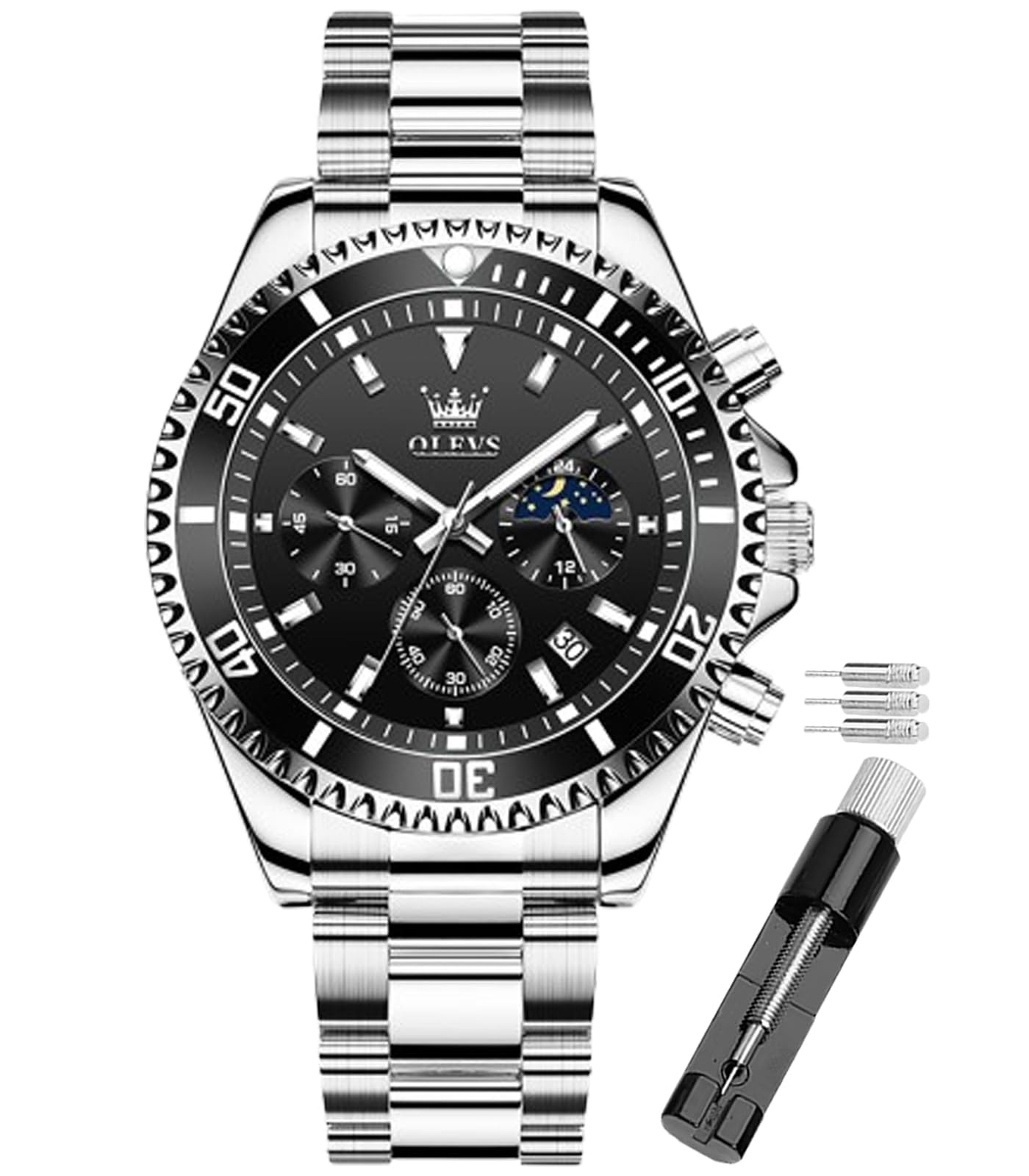 OLEVS Green Dial Watches for Men Fashion Analog Quartz Waterproof Chronograph Gold Silver Stainless Steel Watch Business Classic Luxury Big Face Luminous Multifunction Men Wristwatches