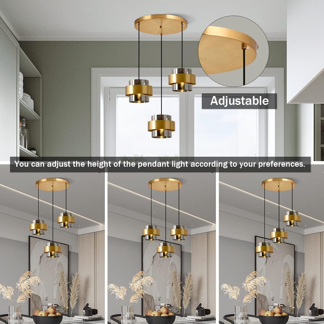 3-Light Cluster Pendant Lighting Modern Pendant Lights Kitchen Island Brass Chandelier Smoke Gray Glass Dining Room Cluster Pendant Chandelier Gold Multi Light Pendant Drop Light Fixture