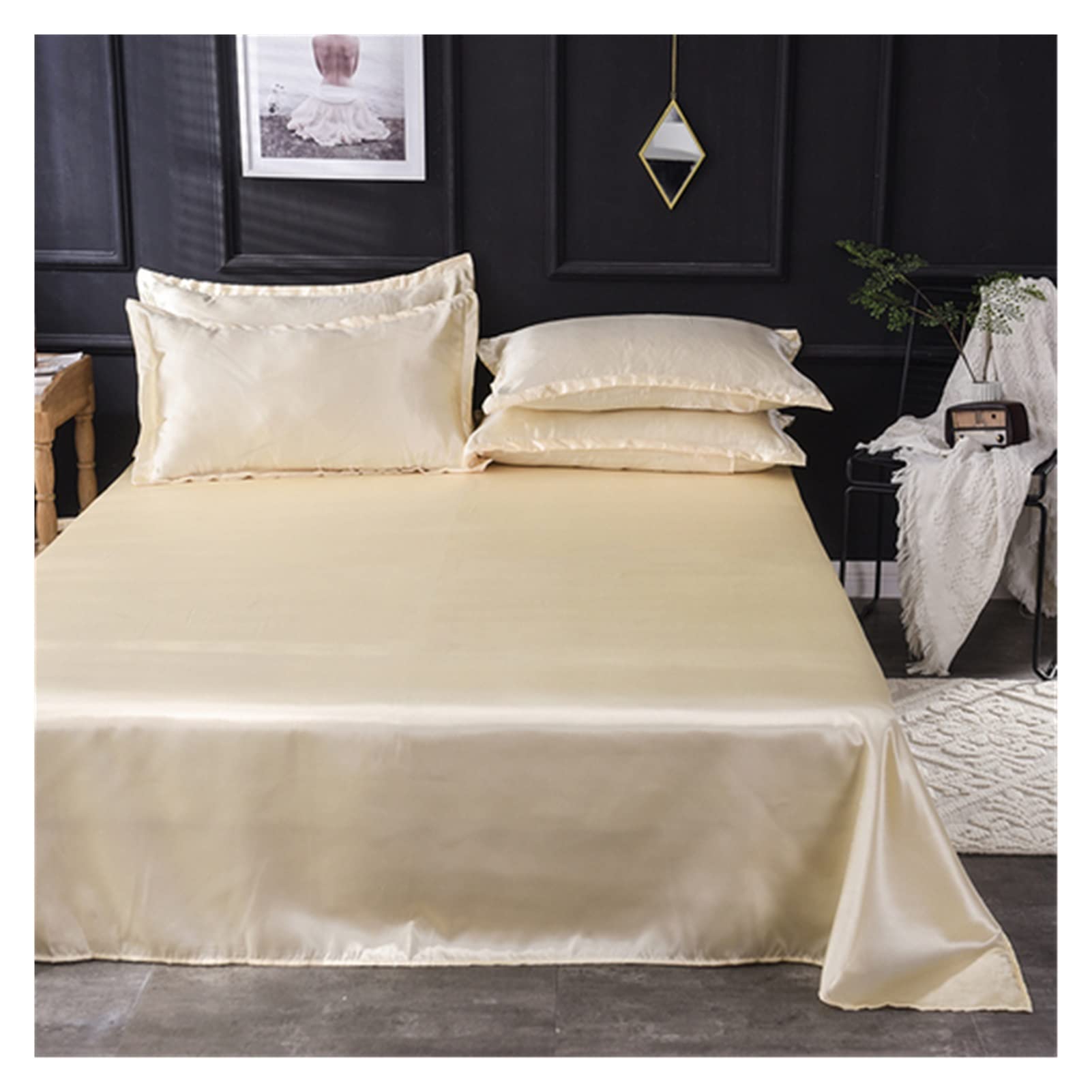 Ice Silk Bed Sheet Flat Sheet Solid Color Ice Silk Satin Fabric Bedding Queen King Size Luxury Bed Sheet Bedclothes Bed Sheets and Pillowcases(3,48x74 2pc pillowcase)