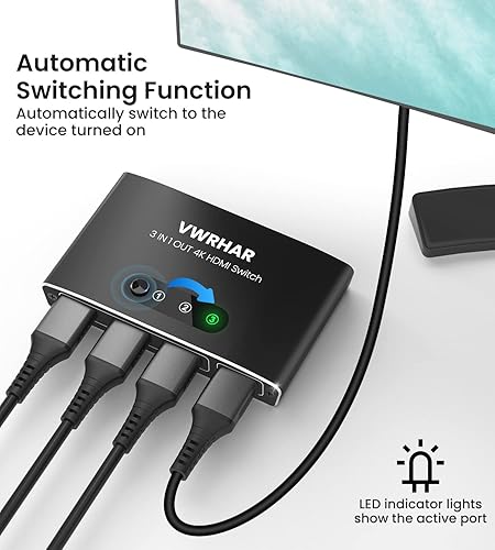 Miniatura 4 de Interruptor HDMI 3 en 1 Salida 4K UHD HDMI Switcher Splitter, interruptor automático con control remoto de metal HDMI Switch Box Hub Soporte 4K 3D