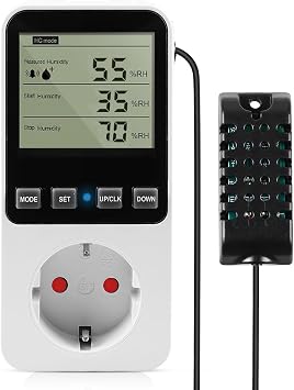 230V Temperature and Humidity Regulator with Probe - Digital Thermostat with Plug, Timer, Alarm and Controller for Greenhouses, Aquariums, Terrariums and Mushrooms