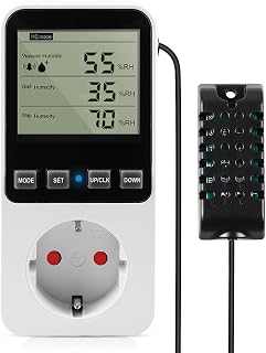 Temperaturregler Steckdose 230V Luftfeuchtigkeitsregler mit Fühler, Digital Thermostat Hygrostat Steckdose, Temperaturschalter mit Zeitschaltuhr Alarm für Gewächshaus Aquarium Terrarium Pilz