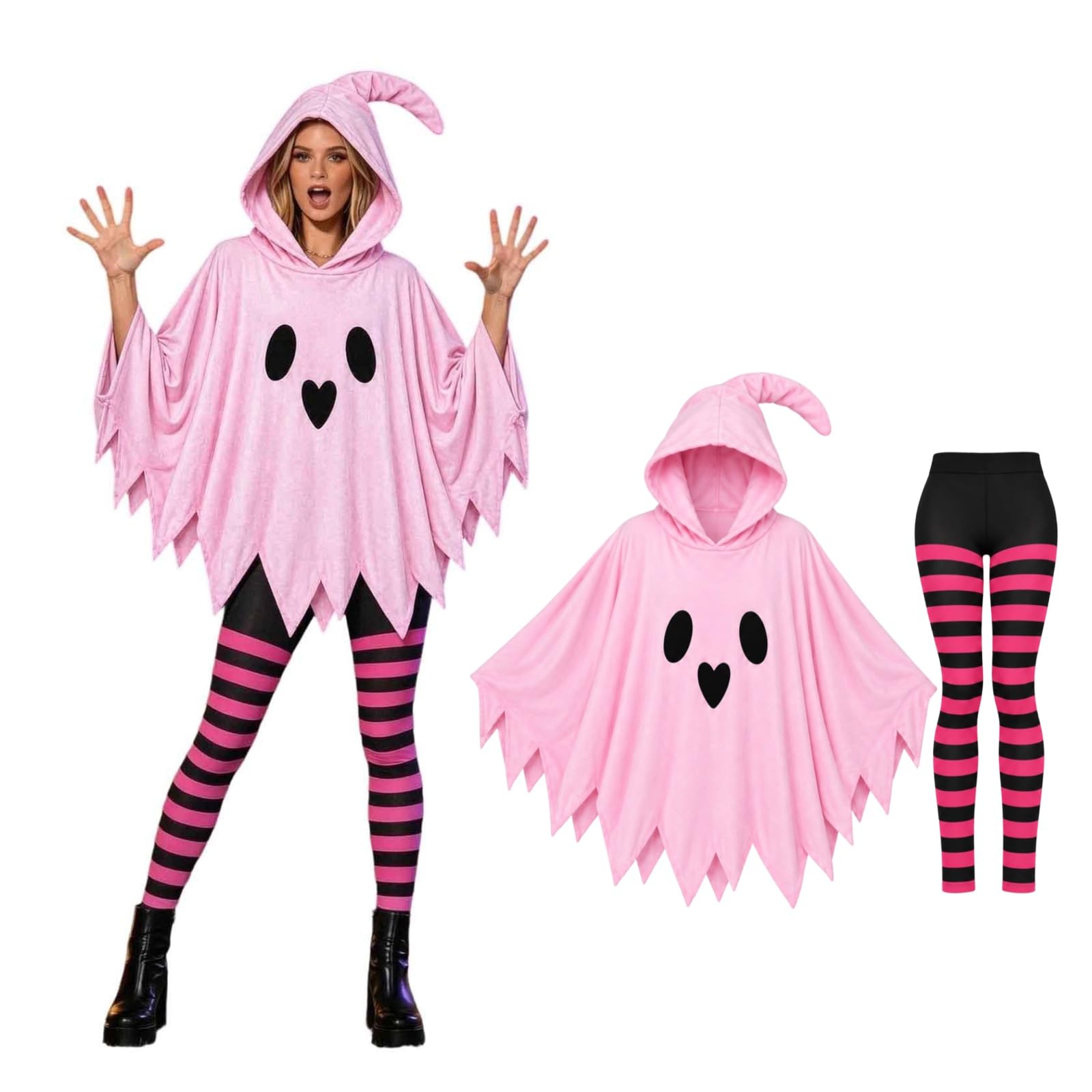 2PCS Womens Halloween Ghost Costume White Ghost Hooded Poncho with Leggings — image 1