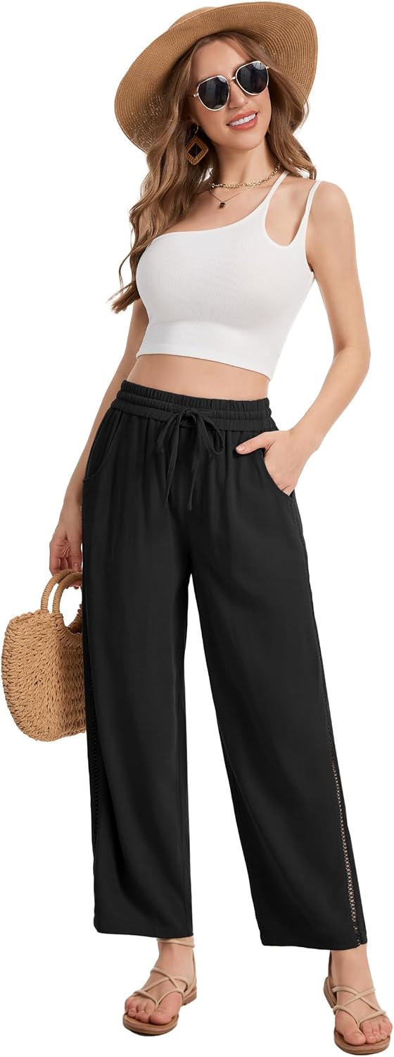 KICZOY Womens Baggy Wide Leg Linen Cropepd Pants Casual Elastic Drawstring Waisted Harem Pants with Pockets