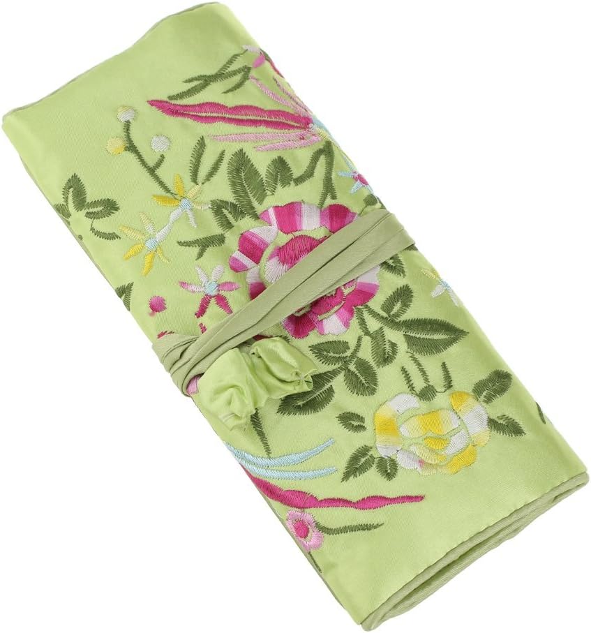 SuoSuo Jewelry Roll,Travel Jewelry Roll Bag,Silk Embroidery Brocade Jewelry Organizer Case with Tie Close,Light Green Flower