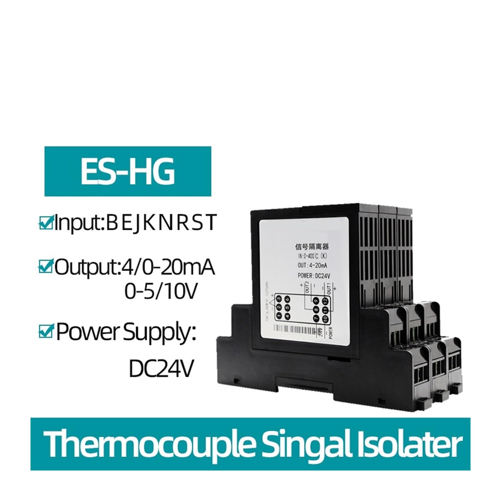 Przetwornik temperatury ES-HG, izolator sygnału z wieloma wejściami termoparowymi, wyjście analogowe DC24V (wejście T -200-400C, wyjście DC0-20mA)