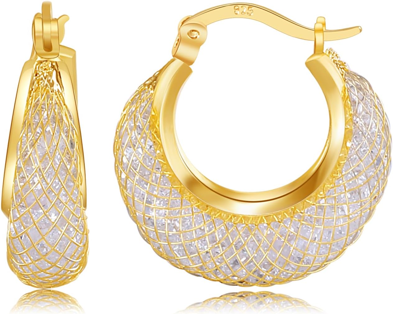 14K Gold Plated 23.5–30mm Lightweight Mesh Hoop Earrings for Women, Cubic Zirconia, 925 Sterling Silver Post, Hypoallergenic
