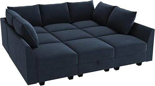 Miniatura 7 de HONBAY Sofá cama seccional de terciopelo con almacenamiento modular para sala de estar, azul oscuro