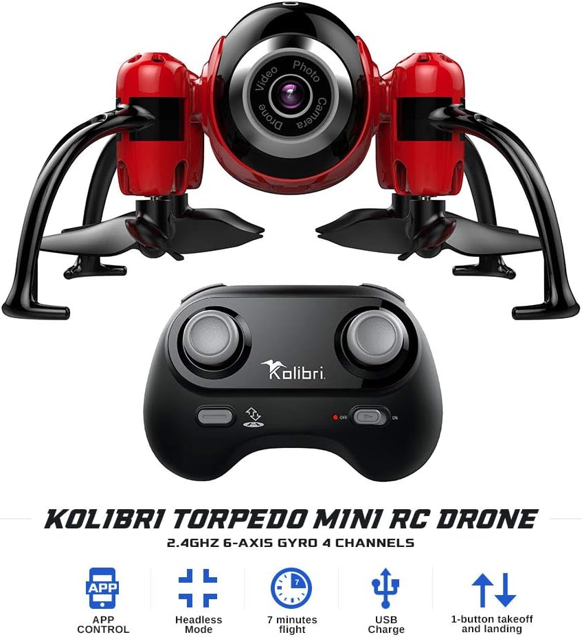 Kolibri Torpedo Mini RC Drone for Kids & Beginners, Best Small Drone with 480P Wi-Fi Camera Live Video Feed, 2.4GHz 6-Axis Gyro 4 Channels FPV App Controlled Quadcopter w/Headless Mode.