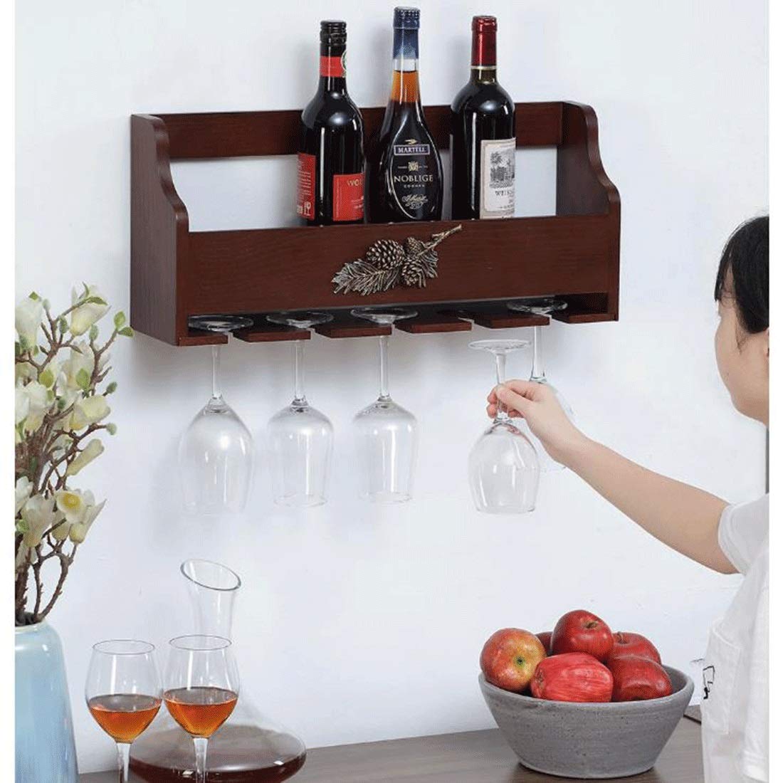 Porte-Bouteille Casseroles en Bois murales Suspendues Bouteilles de vin et Coupes en Verre de Champagne