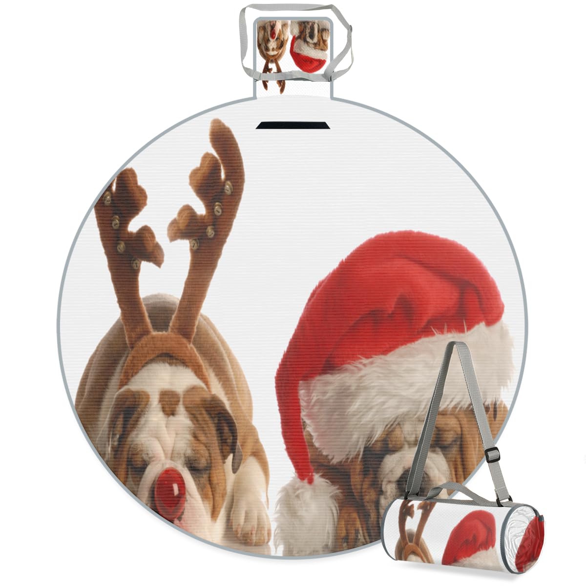 Shimoshe Christmas Dogs Picnic Outdoor Blanket Foldable Waterproof Sandproof Beach Blanket Portable Water-Resistant Round Picnic Mat for Travel Camping Park Lawn