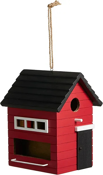 Glitzhome 10" H Hanging Birdhouse Modern Solid Wood Red Decorative Garden Bird House for Outdoor
