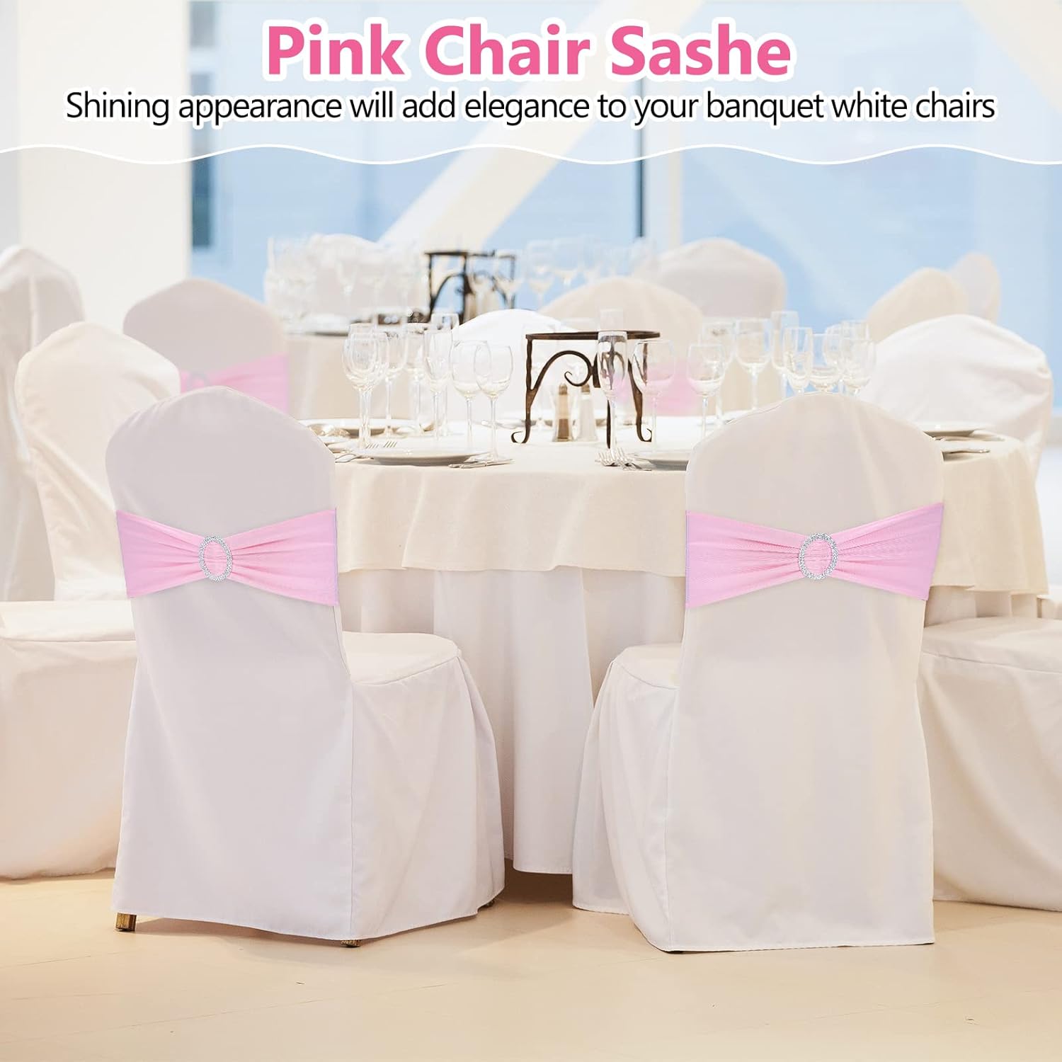 Tegeme 80 Pieces Chair Sashes & Bows - Stretch Spandex Chair Cover Band with Buckle for Wedding, Hotel Banquet, Birthday Party & Home Bulk Decorations(Pink)