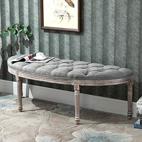 Homcom Vintage Semi-Circle Hallway Bench Tufted Upholstered Linen-Touch Fabric Accent Seat With Rubberwood Legs, Grey #TOP1