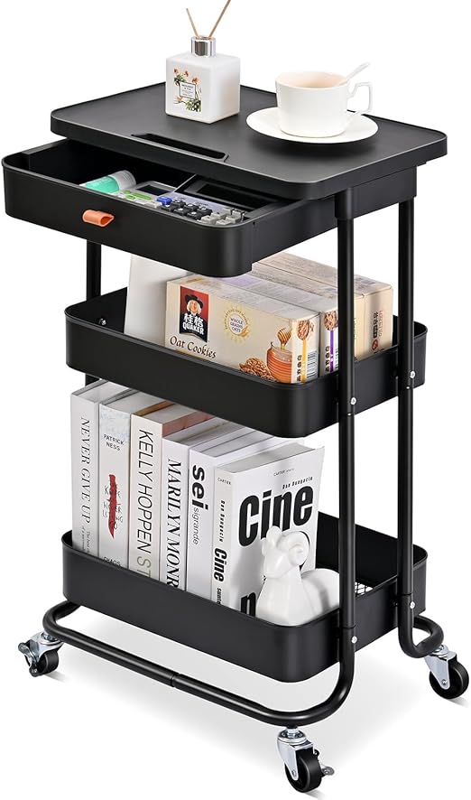 TOOLF 3 Tier Rolling Utility Cart with Drawer & Table Top, Multifunctional Storage Organizer with Metal Shelf & Wheels Storage Cart for Kitchen, Bathroom,Bedroom,Office, Black