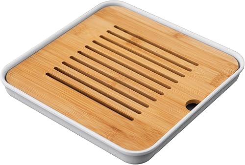 Miniatura 1 de HEER Bandeja de té chino de bambú Kung Fu, bandeja de filtro para juegos de té pequeños, chasis de melamina blanca para almacenamiento de agua, 13.5