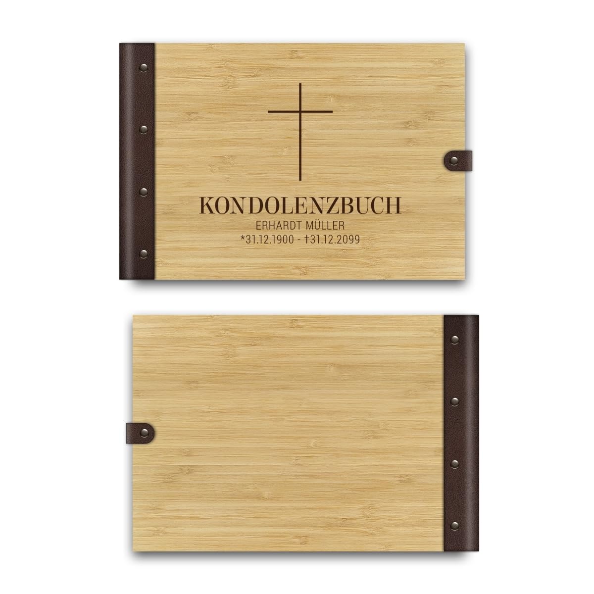 Personalisiertes Kondolenzbuch echtes Holz DIN A4 Gästebuch mit Lasergravur - Kreuz - mit 72 Blatt / 144 Seiten Naturpapier Weiß