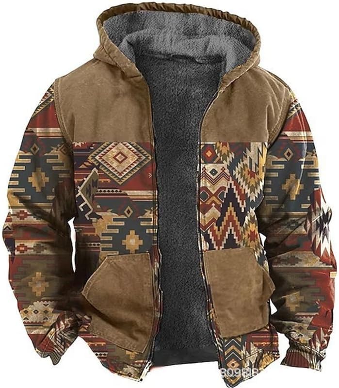 3D Ethnic Aztec Printed Fleece Zipper Hoodies for Men Winter Warm Jacket Retro Long Sleeve Cardigan Coat Sportswear