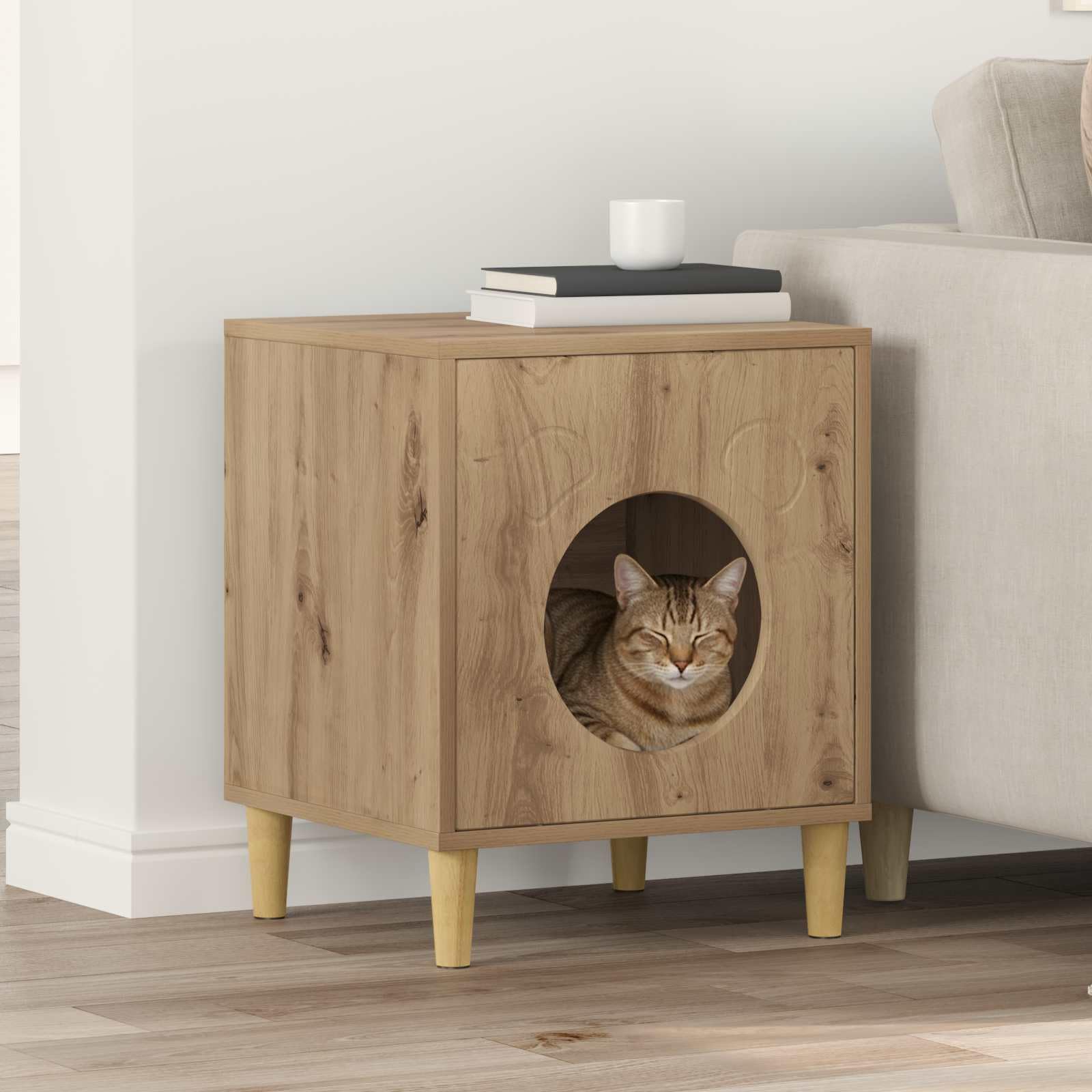 Casetta per gatti in legno di rovere, 42,5 x 40 x 53 cm, 1 rifugio per gatti, per appartamento, soggiorno, interni, per graffiare, arrampicare, riposare