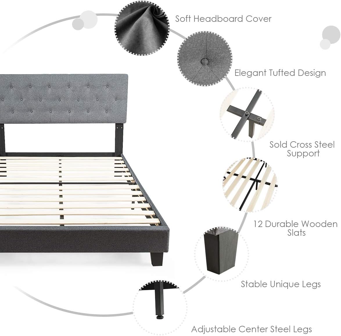 Giantex Shalini Upholstered Panel Platform Bed, Diamond Stitched Linen Panel Headboard, Metal Frame & 12 Strong Wooden Slat Support, Easy Assembly, Bed Mattress Foundation (Full)