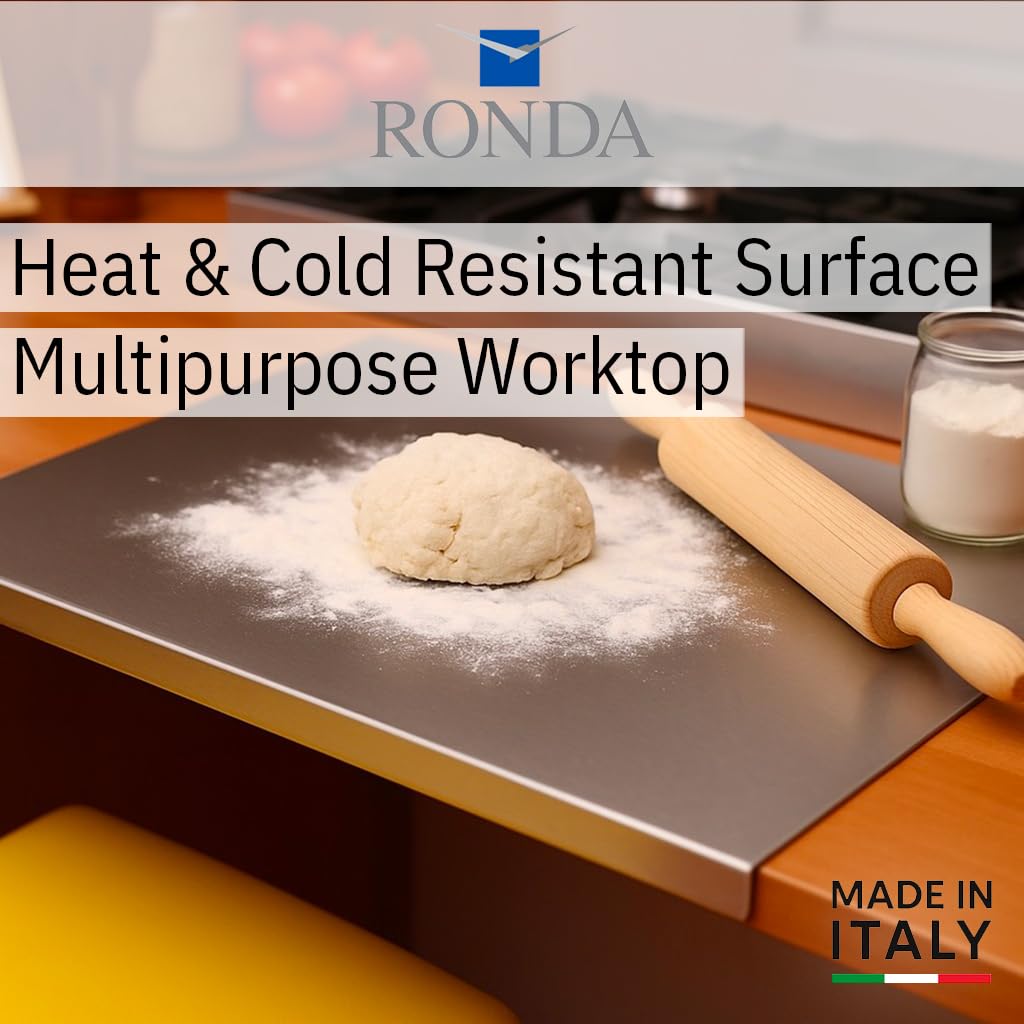 RONDA Tagliere Spianatoia Acciaio Inox 60x50 cm - Piano da Lavoro Alimentare Professionale, Antibatterico e Antiscivolo con Piega 2 cm per Impastare Pizza, Pane e Pasta - Made in Italy
