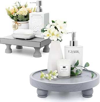 EOSAHR Elegant Modern Pedestal Stand Set for Farmhouse Home Decor - Decorative Wood Risers, Soap Stand, and Stylish Display Tray Combo Gray