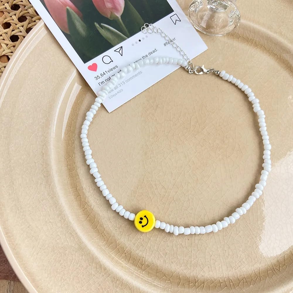 Collana preppy in argento sterling 925 per donne e ragazze, girocollo con perline con viso giallo, colletto estivo carino, collana colorata, collane, collane per ragazze adolescenti