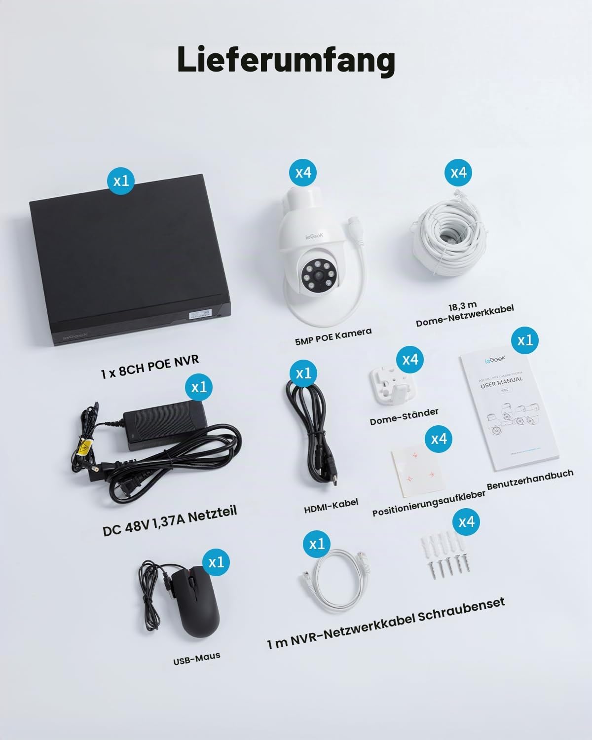 ieGeek 8CH 4K PoE NVR Überwachungskamera Set mit 4 St. 360° PT-Kameras | 2TB HDD NVR, KI-Erkennung, Automatische Verfolgung, 24/7 Aufzeichnung Innen Outdoor, Farbige Nachtsicht, IP65