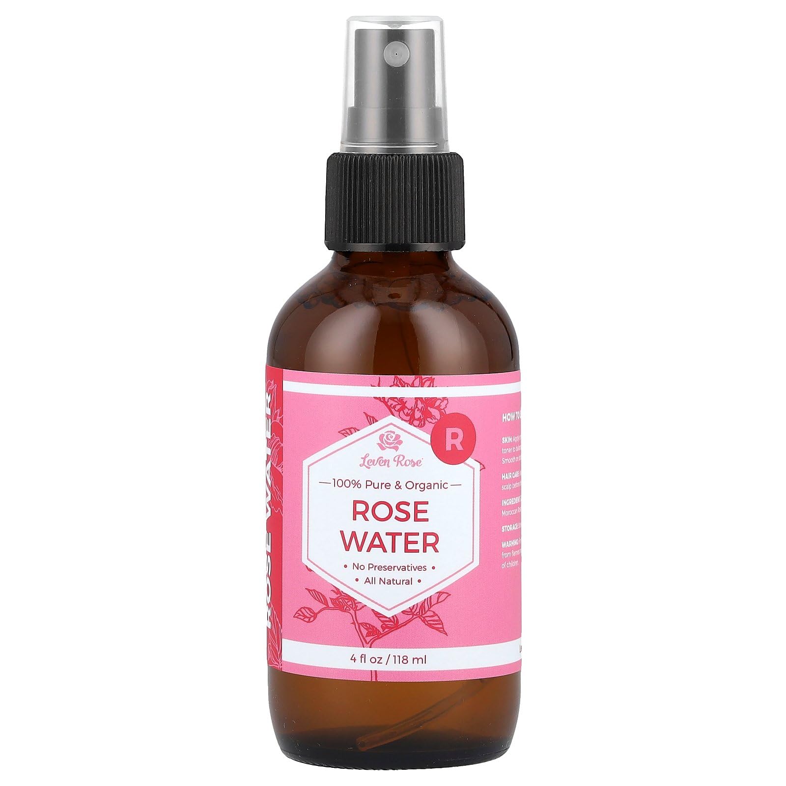Leven Rose, 100% Pure & Organic Rose Water, 4 fl oz (118 ml)
