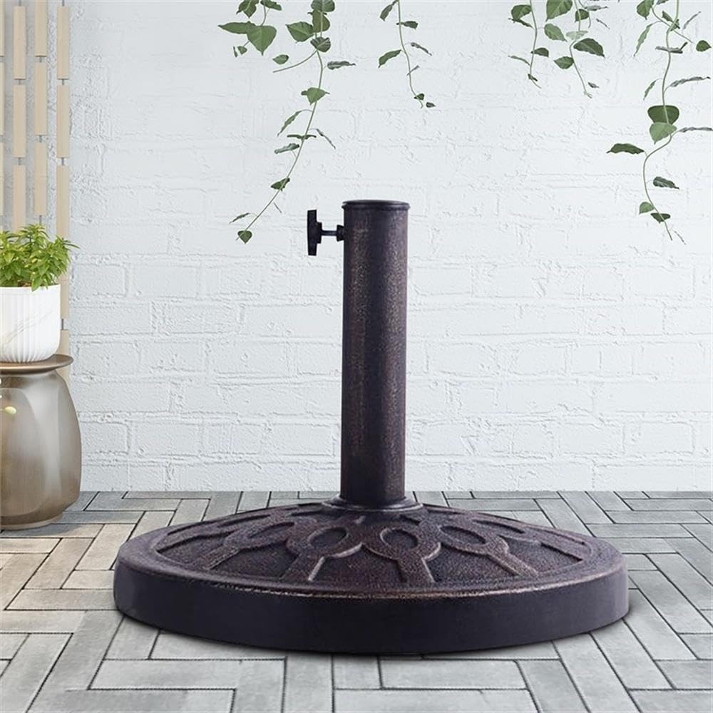 Pemberly Row 17.5'' Patio Umbrella Base Stand, Cast Stone Construction, Decorative Bronze Finish, Adjustable Pole Fitting 38mm-48mm Diameter, Sturdy Outdoor Setup for Patio or Backyard Use
