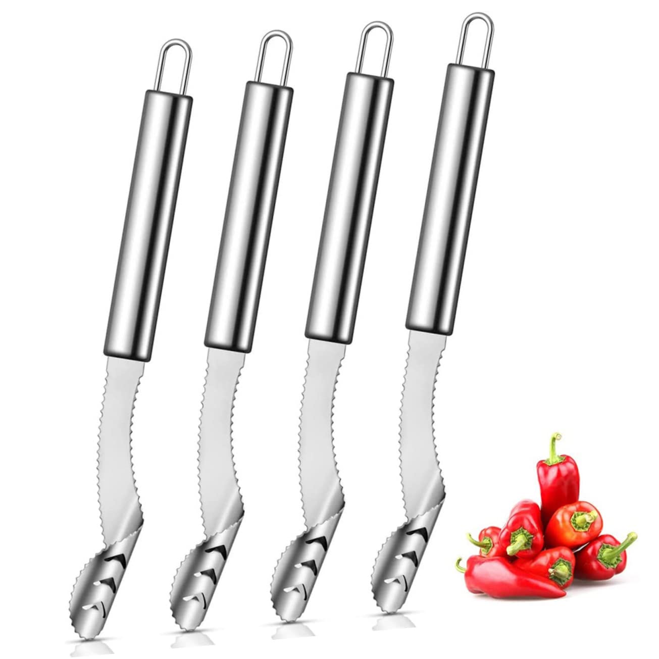 COLLBATH 5Pcs Stainless Steel Pepper Core Remover Kitchen Tool for Easy Chili Deseeding Manual Corers for Efficient Vegetable Prep Space Saving Design with Comfortable Handle