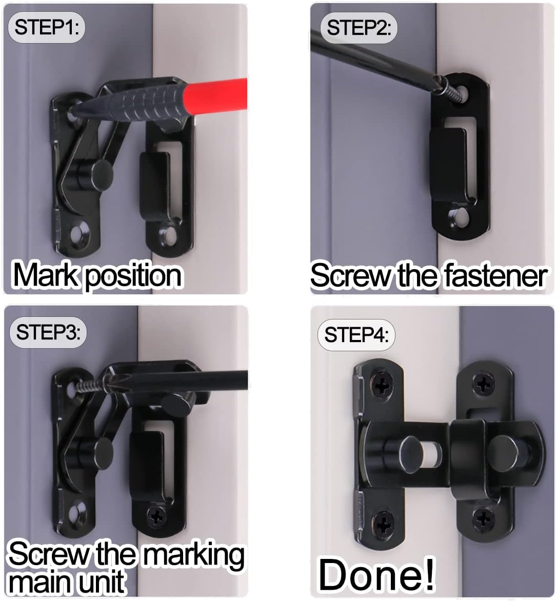 90 Degree Barrel Bolt Door Lock, thickened Stainless Steel Door Lock, Sliding door latch, With Bumper Pads, Black, 4 Inch, 2 Pack, 904BB-BL-2