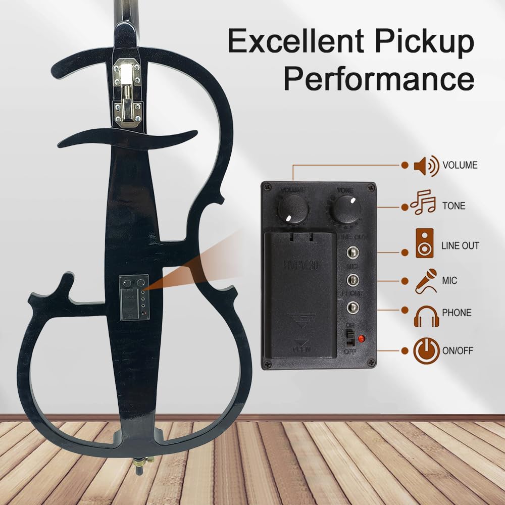 Elektrisches Cello-Set für Anfänger (inklusive leichter Cellophan-Tasche, Stereo-Kopfhörer, Premium-Cellobogen, Brücke, Kolophonium) für erwachsene Schüler (03)