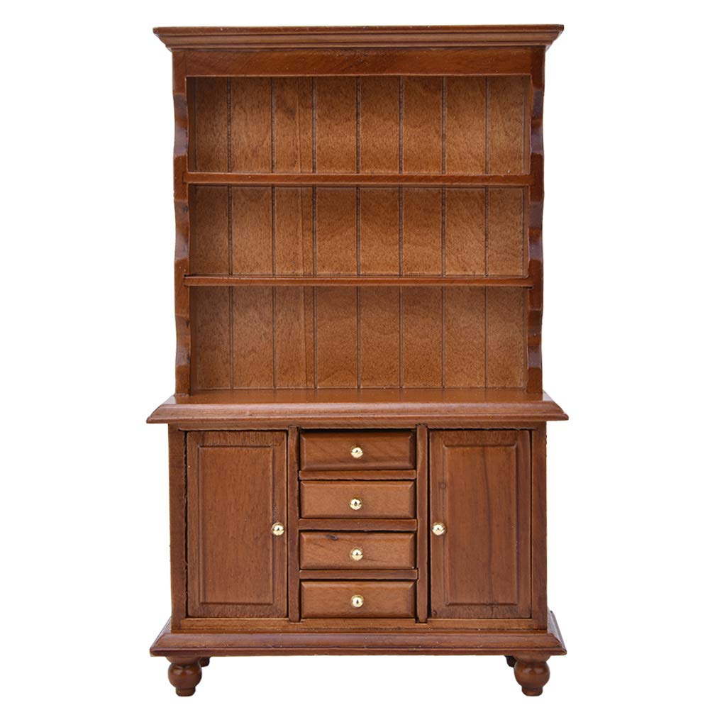 1:12 Dollhouse Miniature Wooden Bookcase Pretend Play Three-Layer Bookcasewith 4 Drawers Dollhouse Furniture Accessory Decor(Brown)