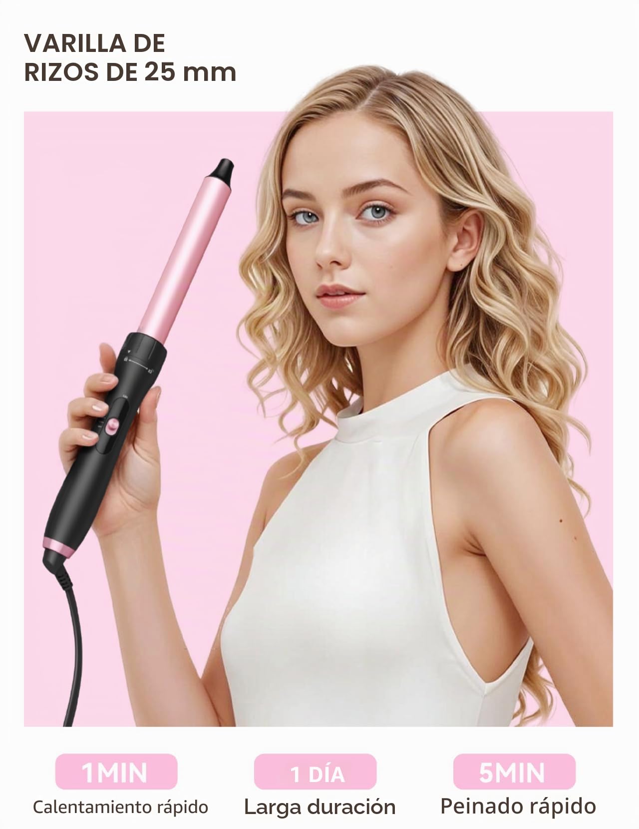 LANDOT Rizador Pelo Ondas 5 en 1 Set para Rizos de Playa y Ondas Naturales con Barras Intercambiables de Cerámica Cepillo Térmico y Estera de Silicona Resistente al Calor