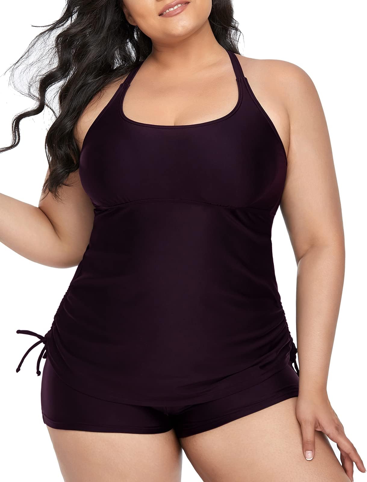 Mycoco Plus Size Tankini Swimsuit for Women Swimwear Tank Top with Bikini Top Boyshort Set Dark Purple US 12