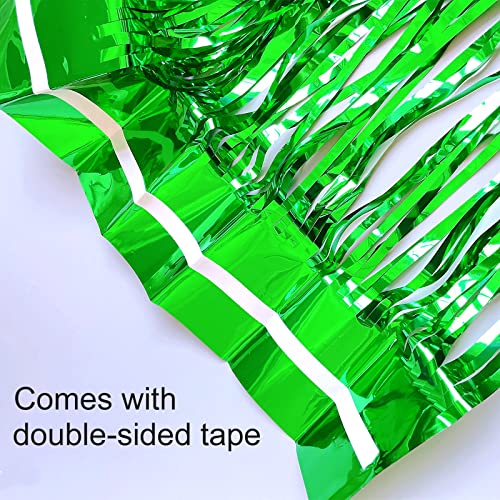 Image of CHRORINE 2pcs 3ft x 8.3ft Green Tinsel Foil Fringe Curtains Streamers Backdrop for Green Birthday Jungle Safari Tropical Party Christmas Decorations