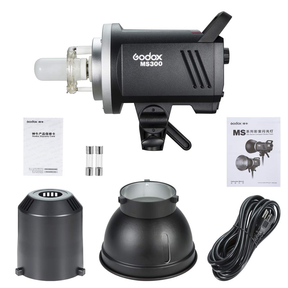 Godox MS300 Kompakt Studioblitz, 300ws 5600K 2,4G Wireless X System, Kurz Recyclingzeit, 150W Modelling Lampe, mit Standardreflektor